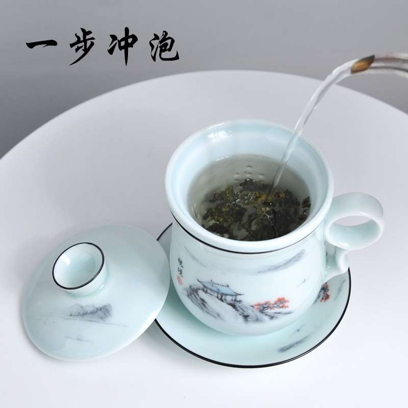 陶瓷泡茶杯辦公室喝水杯景德鎮青瓷茶漏杯馬克杯帶蓋杯子男個人杯-細節圖3