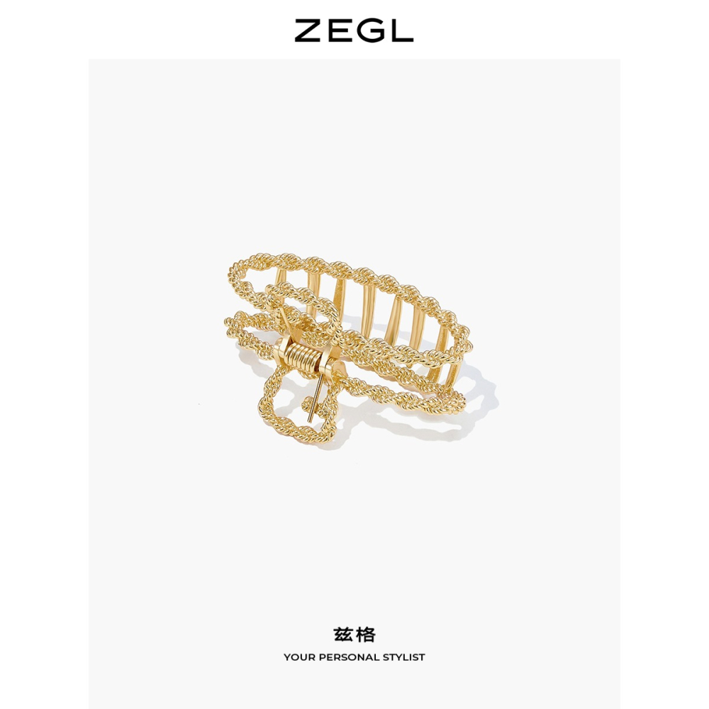 ZEGL設計師金色麻花發夾女復古鯊魚夾後腦勺頭發抓夾發飾夾子頭飾-細節圖3