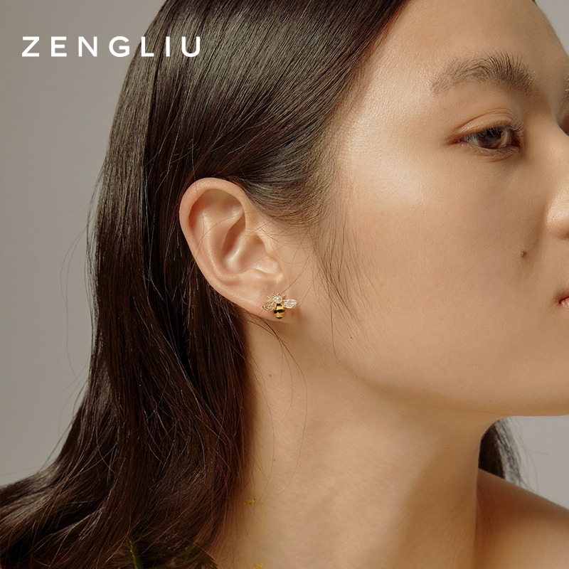 ZEGL蜜蜂小雛菊耳釘女2022年新款潮夏天不對稱耳環925銀針耳飾品-細節圖2