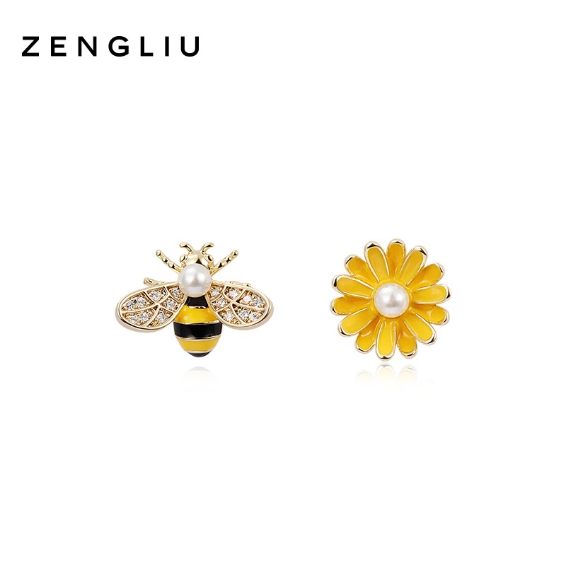 ZEGL蜜蜂小雛菊耳釘女2022年新款潮夏天不對稱耳環925銀針耳飾品-細節圖3