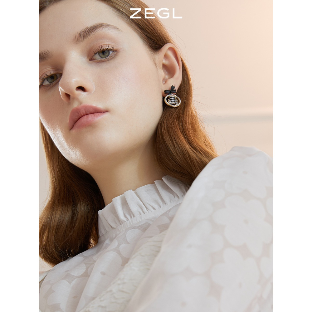 ZEGL蝴蝶結小熊耳環女小眾設計感棋盤格耳釘銀針復古赫本風耳飾品-細節圖2