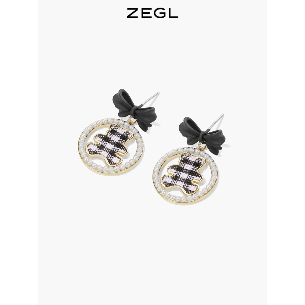 ZEGL蝴蝶結小熊耳環女小眾設計感棋盤格耳釘銀針復古赫本風耳飾品-細節圖3