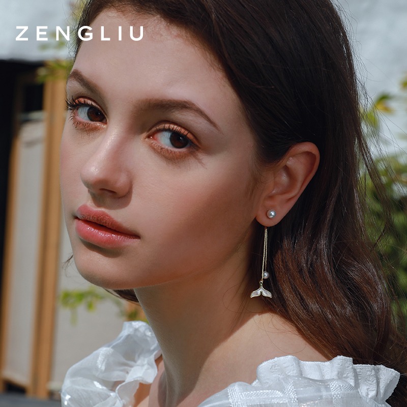 ZENGLIU魚尾貝殼流蘇耳環女長款氣質耳墜仿珍珠耳釘925銀針耳飾品-細節圖2