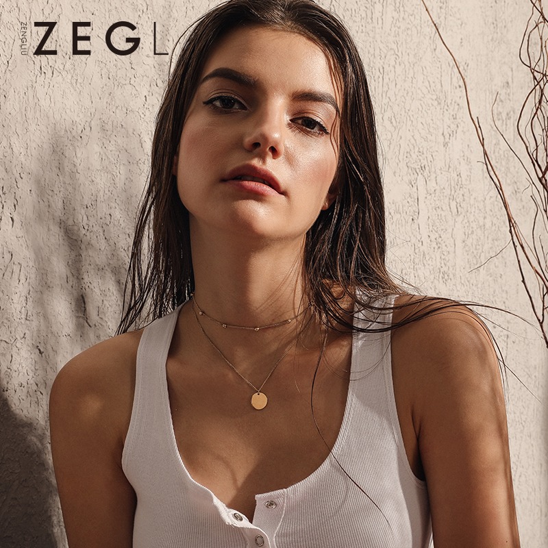 ZENGLIU雙層項鏈女鎖骨鏈潮網紅硬幣金幣吊墜小眾簡約ins頸鏈飾品-細節圖3