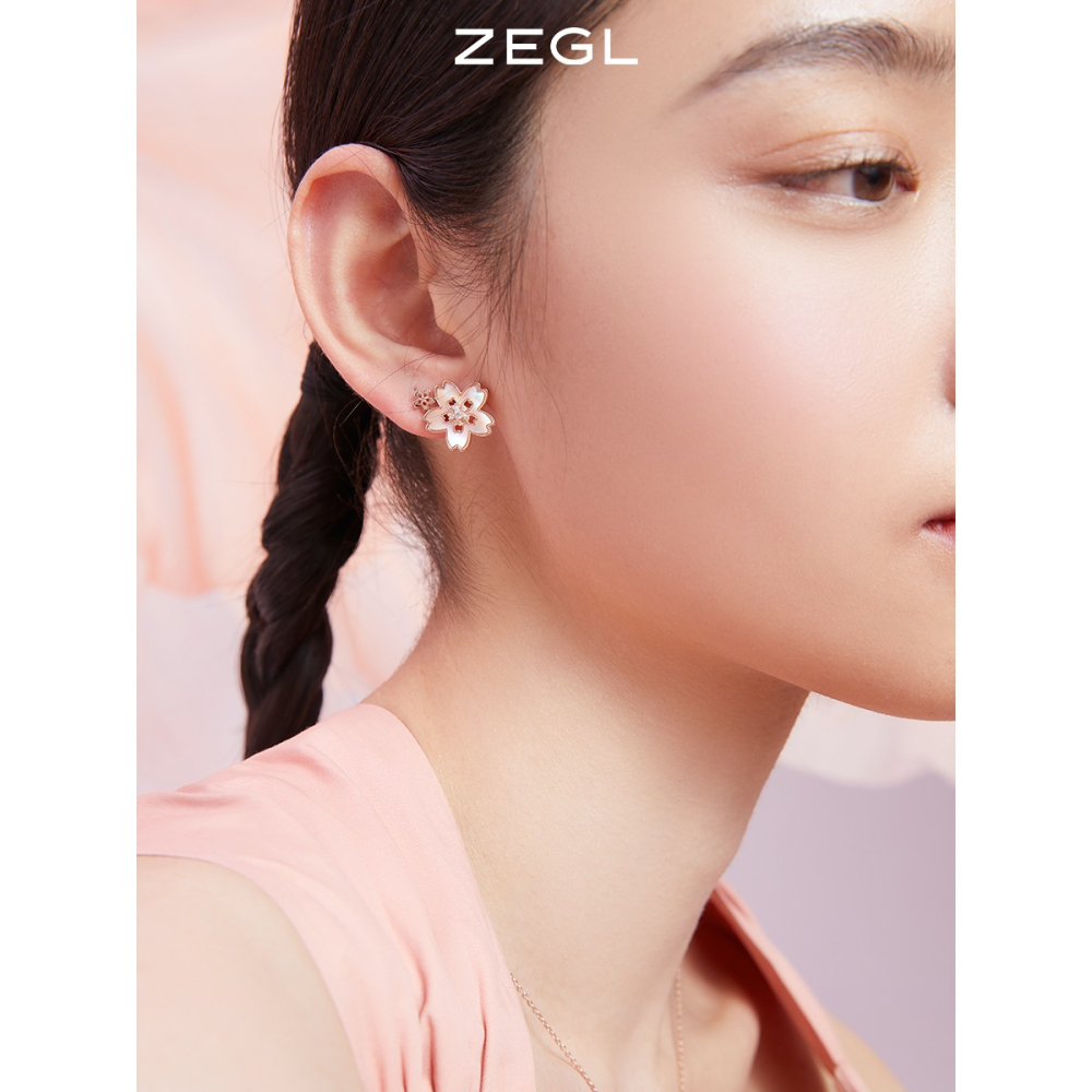 ZEGL設計師春日櫻花系列玫瑰金花朵耳環女小眾貝殼耳釘銀針耳飾品-細節圖2