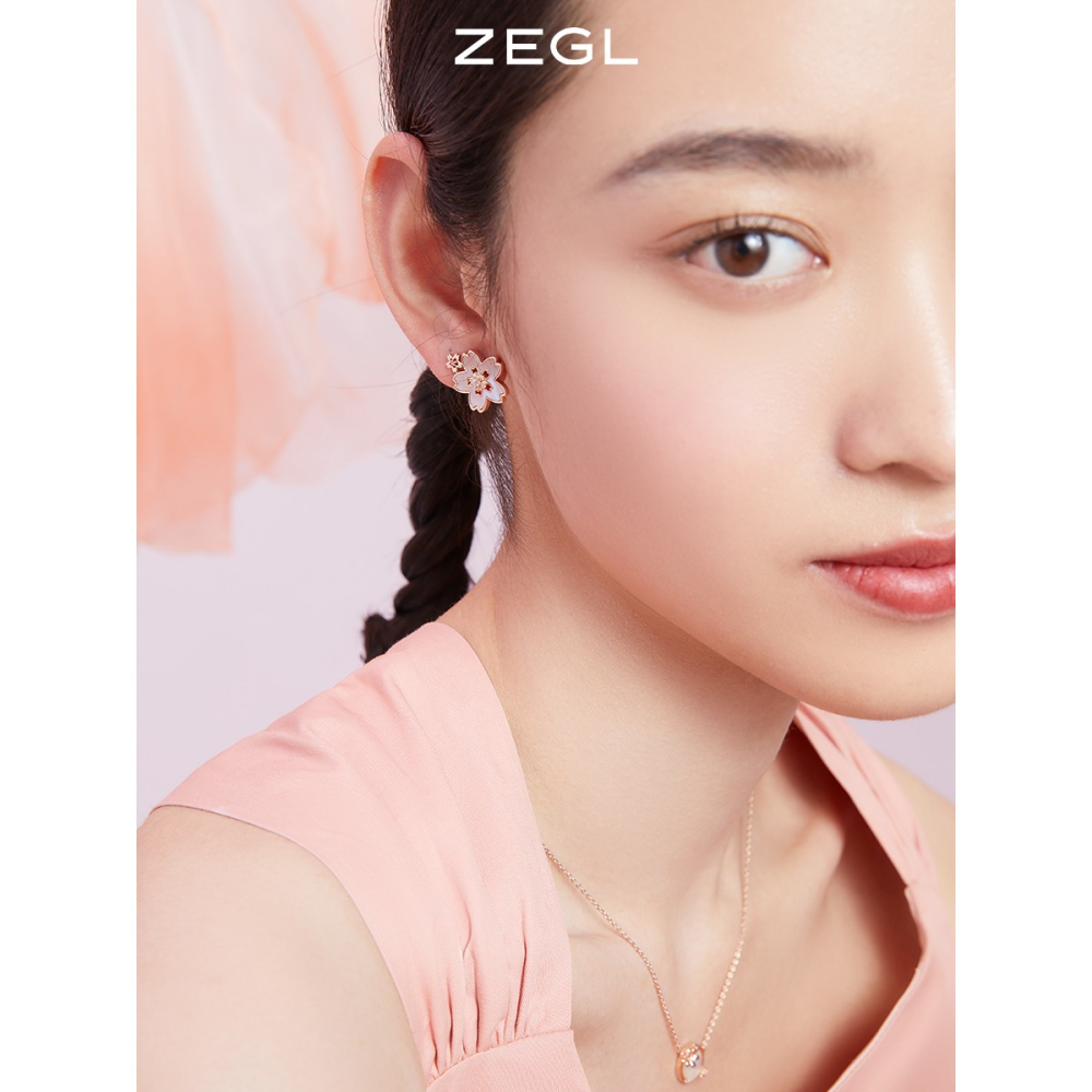 ZEGL設計師春日櫻花系列玫瑰金花朵耳環女小眾貝殼耳釘銀針耳飾品-細節圖4