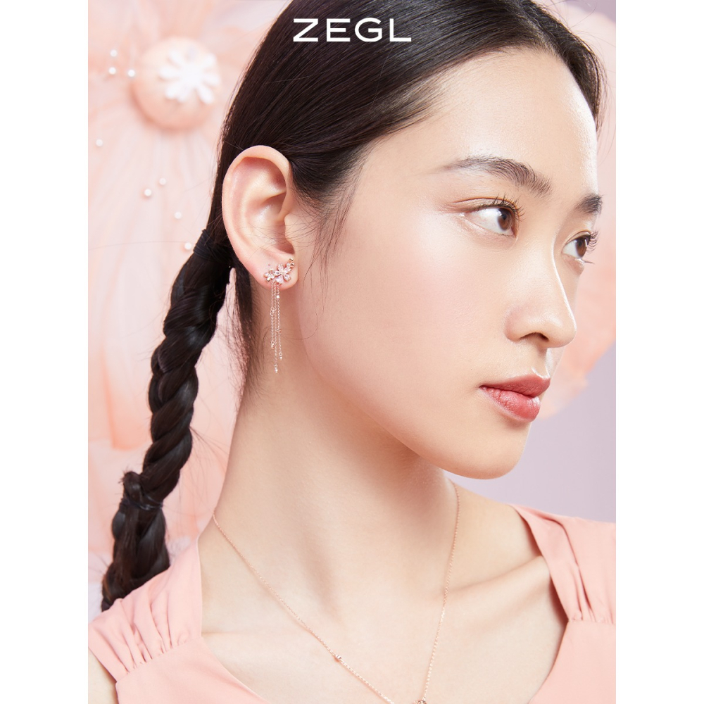 ZEGL設計師春日櫻花系列玫瑰金流蘇耳環女小眾花朵耳釘銀針耳飾品-細節圖4