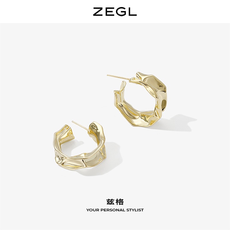 ZEGL金屬褶皺耳環簡約耳圈女氣質耳釘2022年新款潮925銀針耳飾品-細節圖4