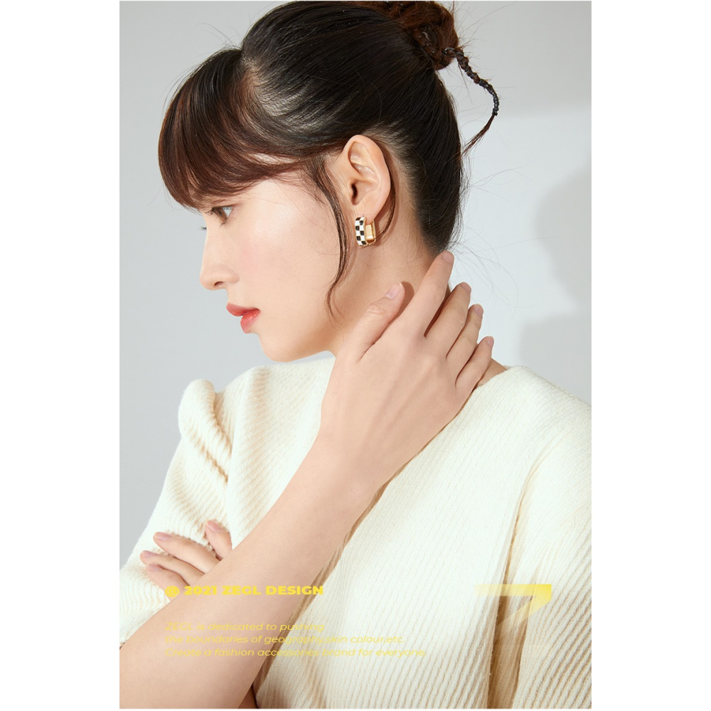 ZEGL棋盤格耳環女設計感小眾耳扣耳釘2022年新款潮復古夏天耳飾品-細節圖6