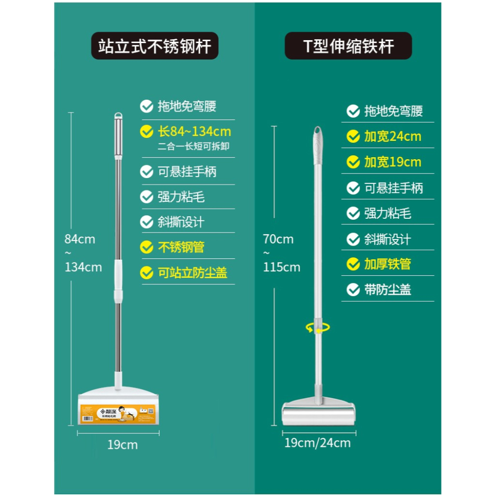 粘毛器滾筒長柄滾刷大號加長家用滾輪粘塵灰吸頭發地板沾粘毛神器-細節圖9