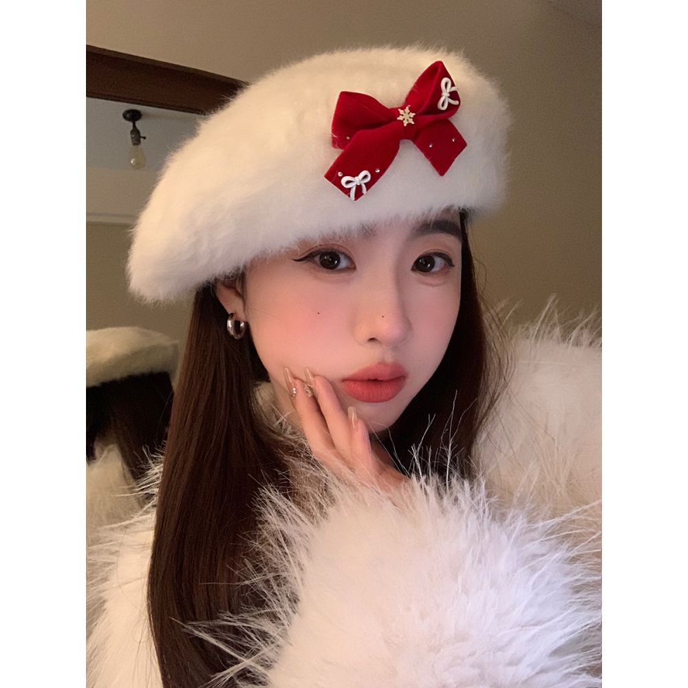 聖誕新年氛圍感新款兔毛貝雷帽紅蝴蝶結秋冬女蓓蕾畫家帽子學生-細節圖2