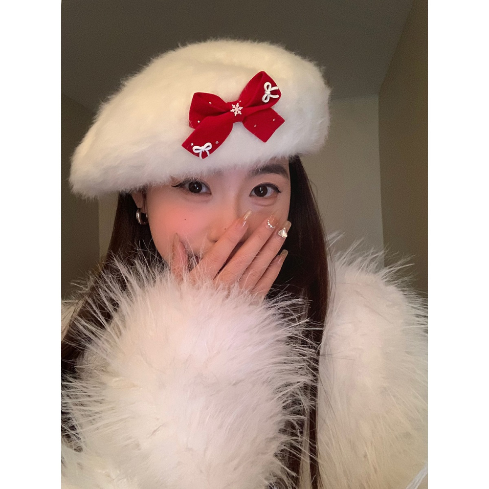 聖誕新年氛圍感新款兔毛貝雷帽紅蝴蝶結秋冬女蓓蕾畫家帽子學生-細節圖3