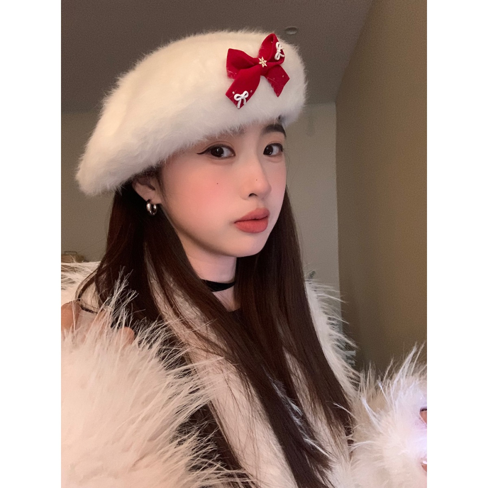 聖誕新年氛圍感新款兔毛貝雷帽紅蝴蝶結秋冬女蓓蕾畫家帽子學生-細節圖4