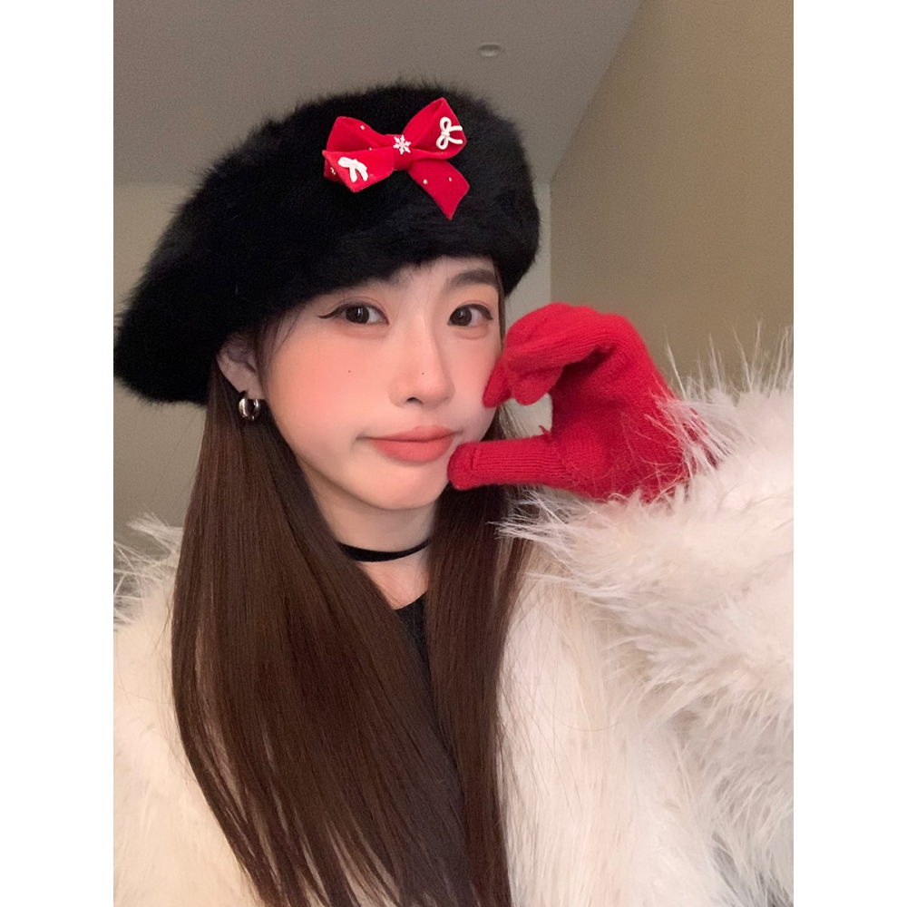聖誕新年氛圍感新款兔毛貝雷帽紅蝴蝶結秋冬女蓓蕾畫家帽子學生-細節圖6