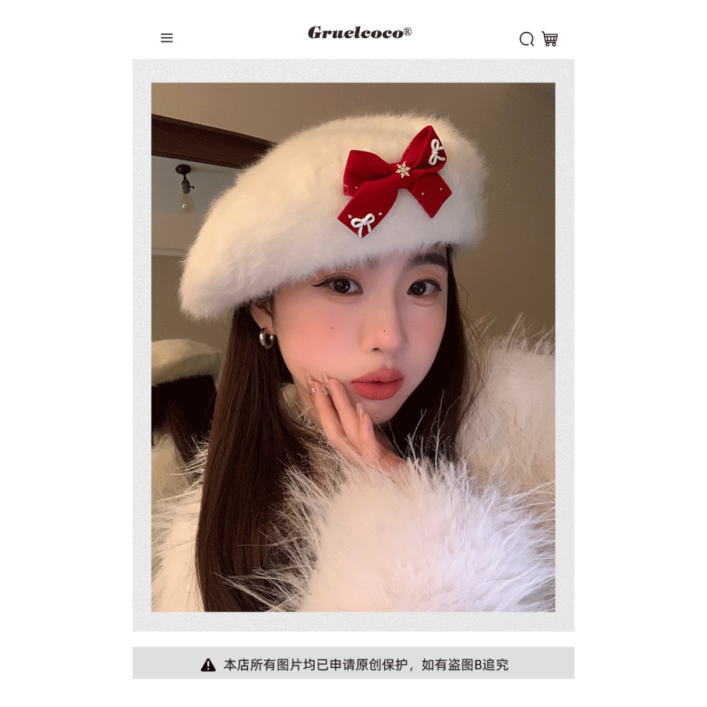 聖誕新年氛圍感新款兔毛貝雷帽紅蝴蝶結秋冬女蓓蕾畫家帽子學生-細節圖10