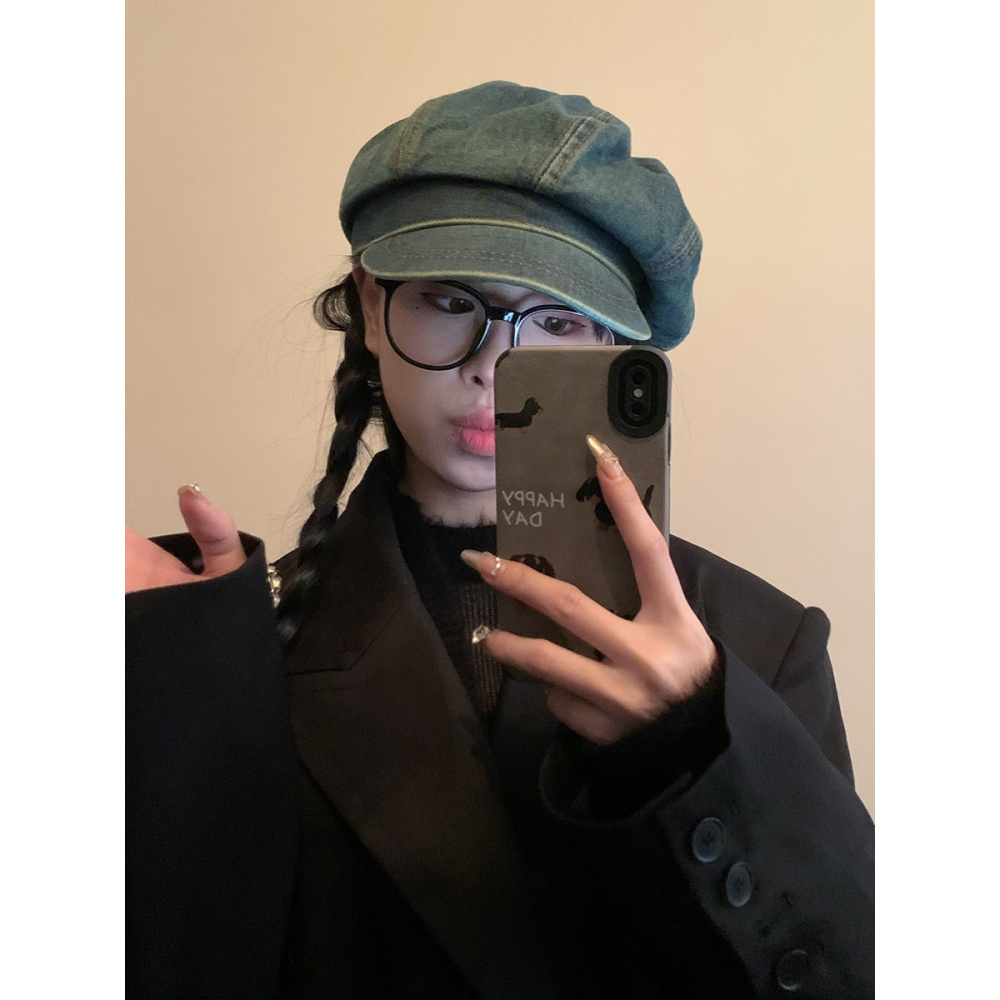 做舊牛仔八角帽女2024年春季新款小帽檐大頭圍顯臉小報童帽畫家帽-細節圖3