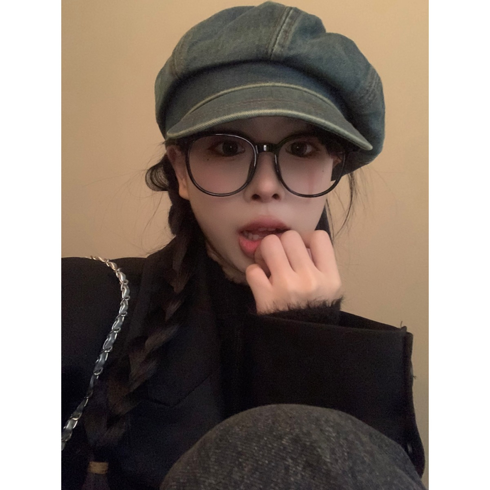 做舊牛仔八角帽女2024年春季新款小帽檐大頭圍顯臉小報童帽畫家帽-細節圖4