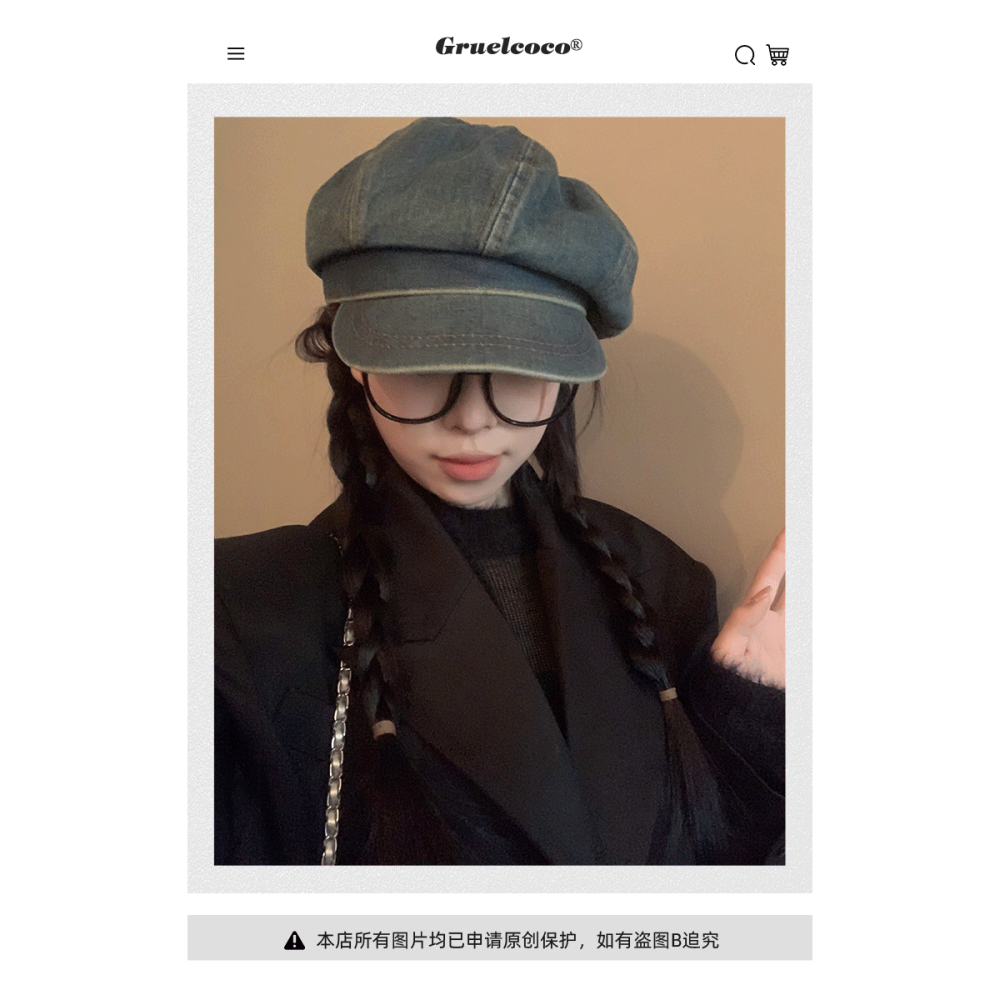 做舊牛仔八角帽女2024年春季新款小帽檐大頭圍顯臉小報童帽畫家帽-細節圖9