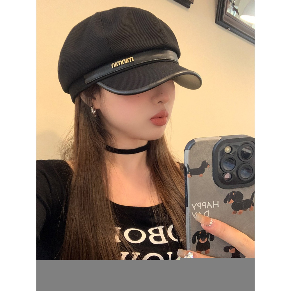 日系純色金屬標八角帽女冬季新款小帽檐顯臉小文藝復古百搭雲朵帽-細節圖2