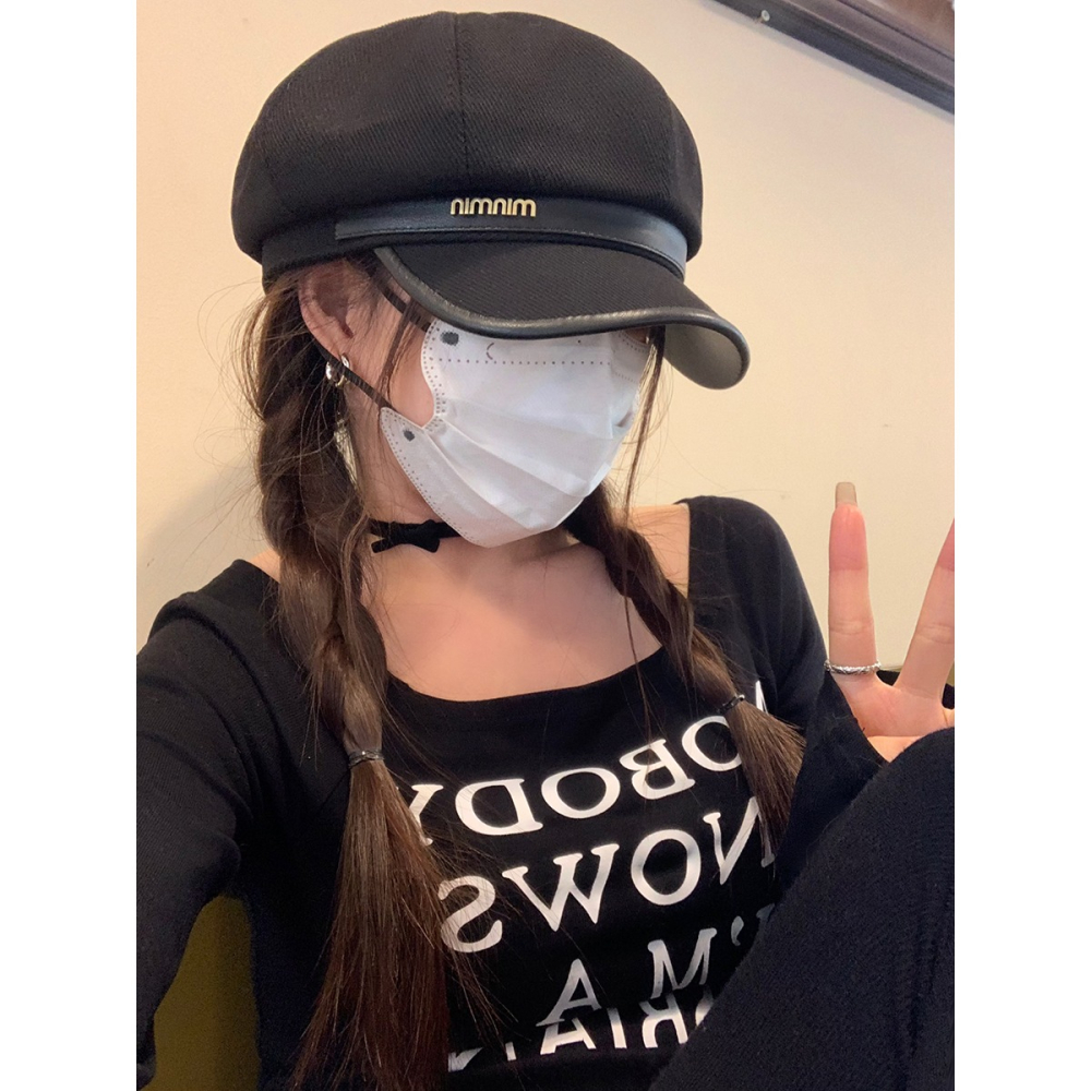 日系純色金屬標八角帽女冬季新款小帽檐顯臉小文藝復古百搭雲朵帽-細節圖3