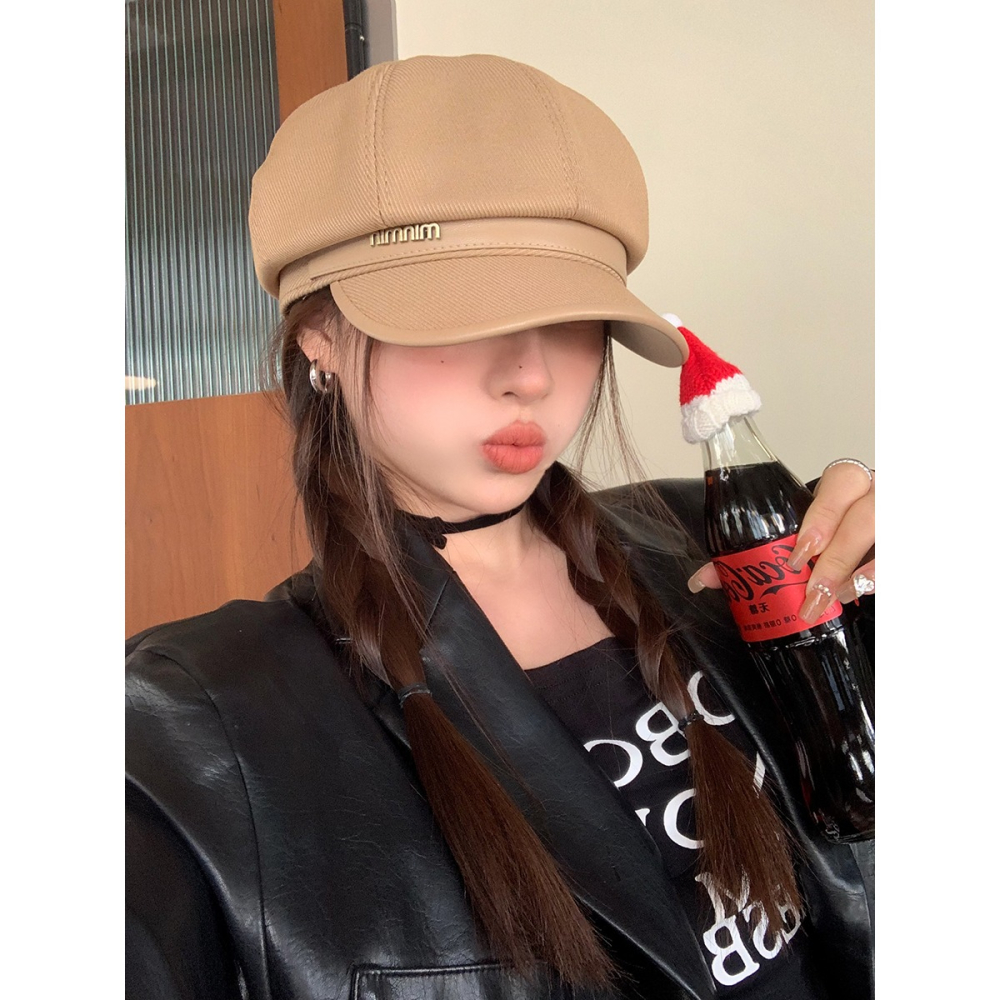 日系純色金屬標八角帽女冬季新款小帽檐顯臉小文藝復古百搭雲朵帽-細節圖4