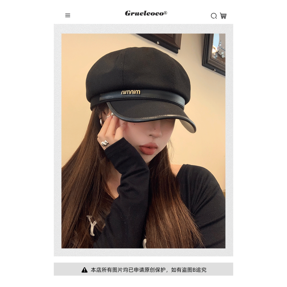 日系純色金屬標八角帽女冬季新款小帽檐顯臉小文藝復古百搭雲朵帽-細節圖9