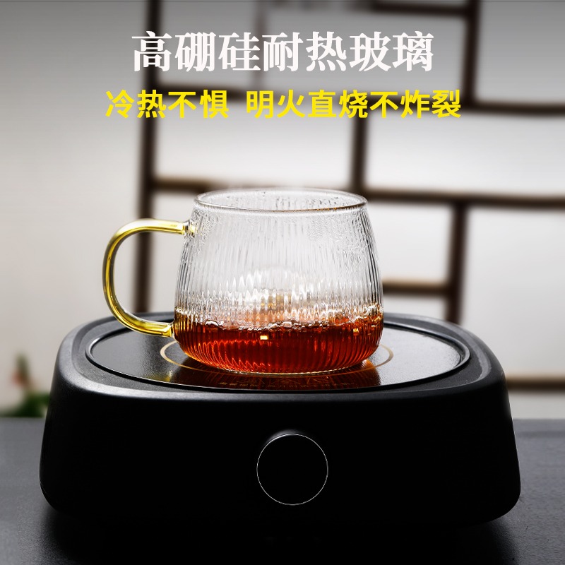 耐熱玻璃茶杯條紋水杯帶蓋勺子家用牛奶泡咖啡杯辦公室茶水分離杯-細節圖3