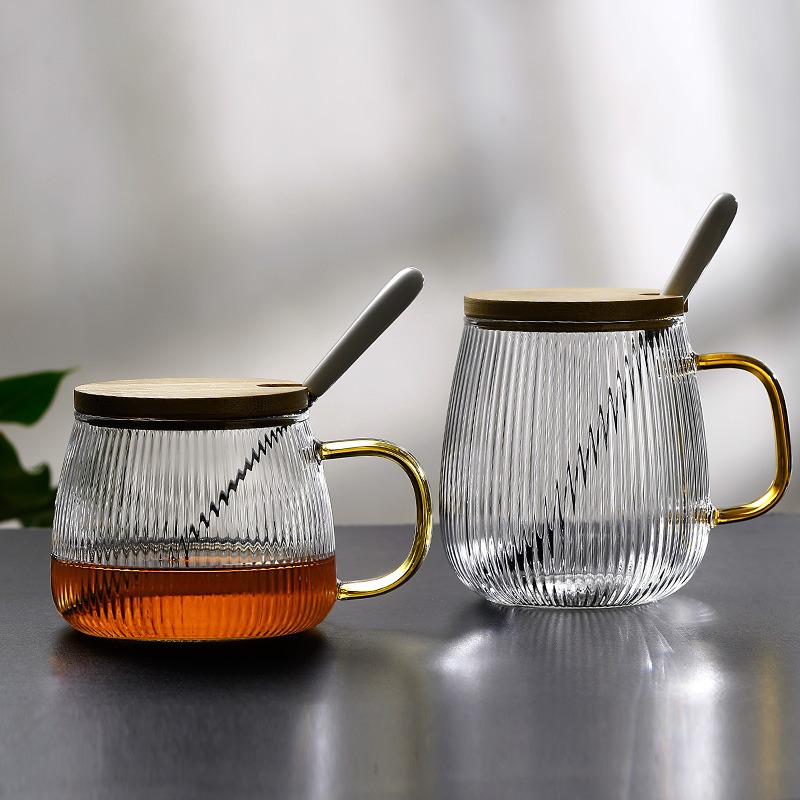 耐熱玻璃茶杯條紋水杯帶蓋勺子家用牛奶泡咖啡杯辦公室茶水分離杯-細節圖4