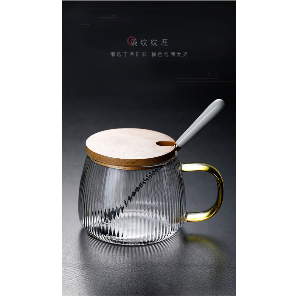 耐熱玻璃茶杯條紋水杯帶蓋勺子家用牛奶泡咖啡杯辦公室茶水分離杯-細節圖8