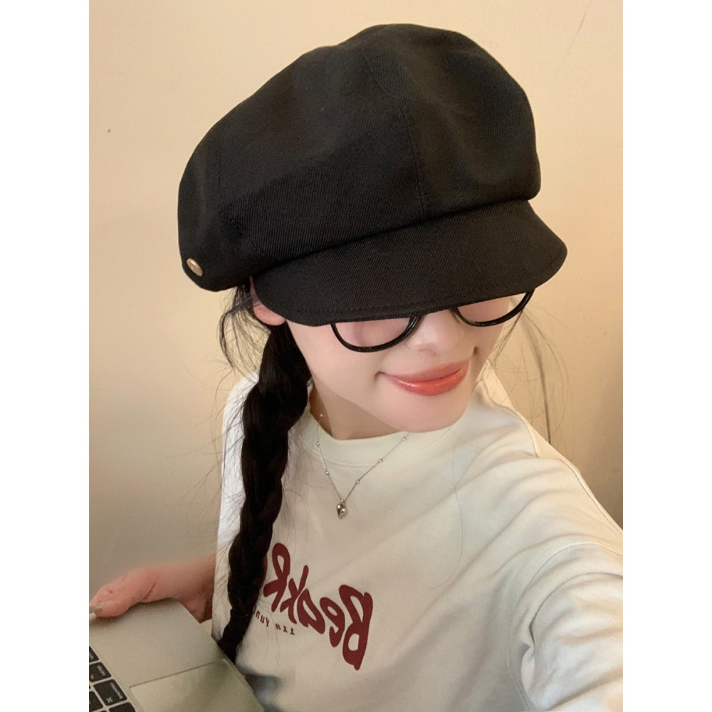 黑色貝雷帽女2024年春夏季新款韓版百搭復古小帽檐顯臉小八角帽-細節圖2
