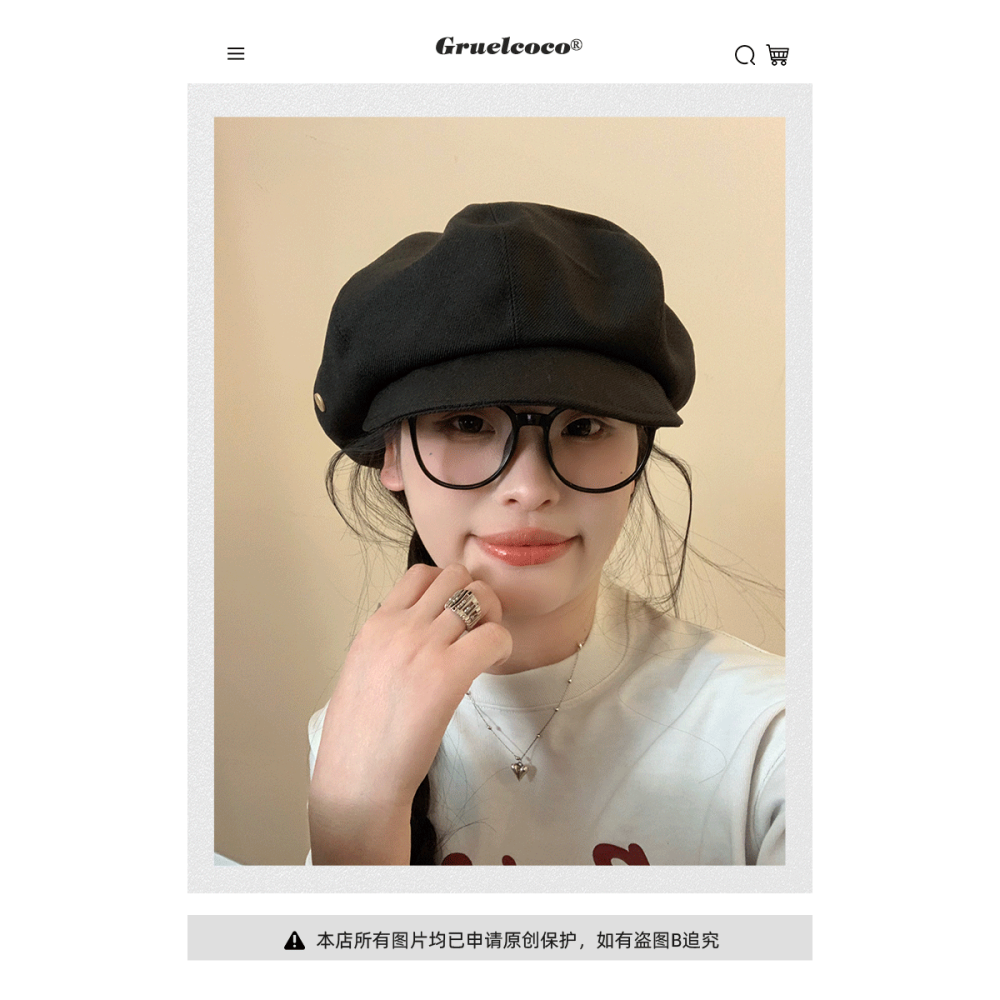 黑色貝雷帽女2024年春夏季新款韓版百搭復古小帽檐顯臉小八角帽-細節圖10