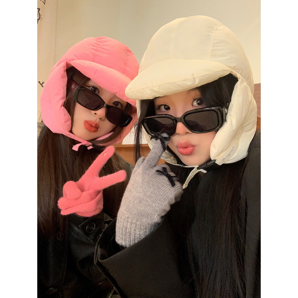羽絨雷鋒帽女冬季韓版保暖帽子東北旅遊防寒充絨輕盈護耳帽飛行帽-細節圖3