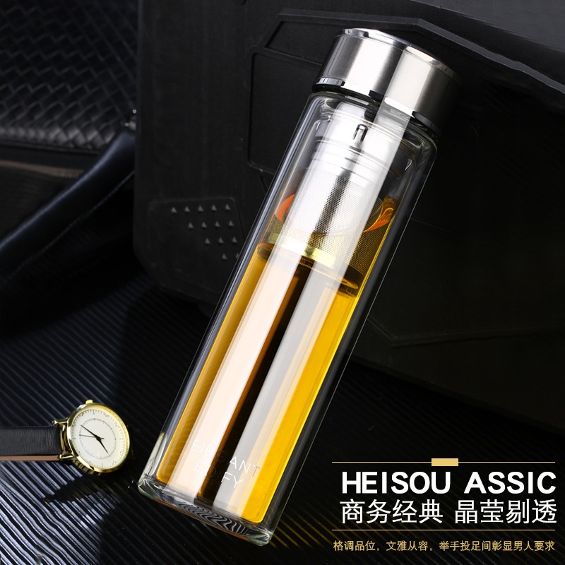大容量雙層杯子男女學生水杯便攜泡茶杯家用隔熱過濾網透明玻璃杯-細節圖5