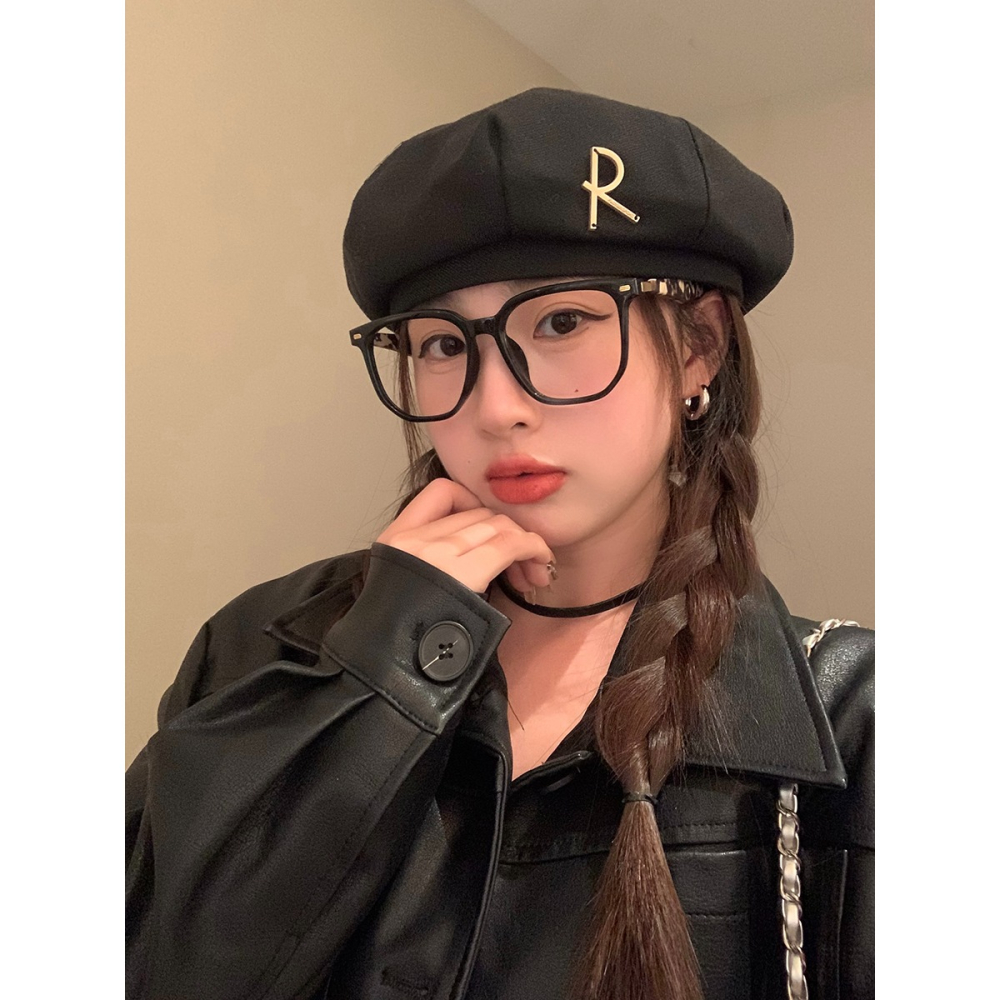 R字母金屬標貝雷帽女春季新款復古網紅休閑百搭日系顯臉小畫家帽-細節圖2