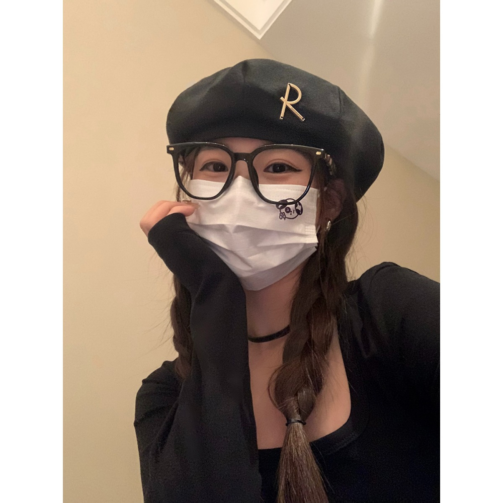 R字母金屬標貝雷帽女春季新款復古網紅休閑百搭日系顯臉小畫家帽-細節圖3
