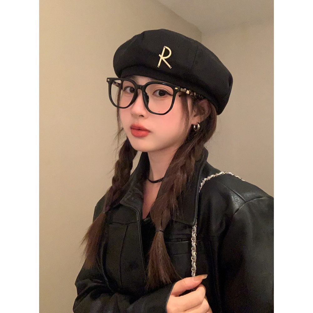 R字母金屬標貝雷帽女春季新款復古網紅休閑百搭日系顯臉小畫家帽-細節圖4