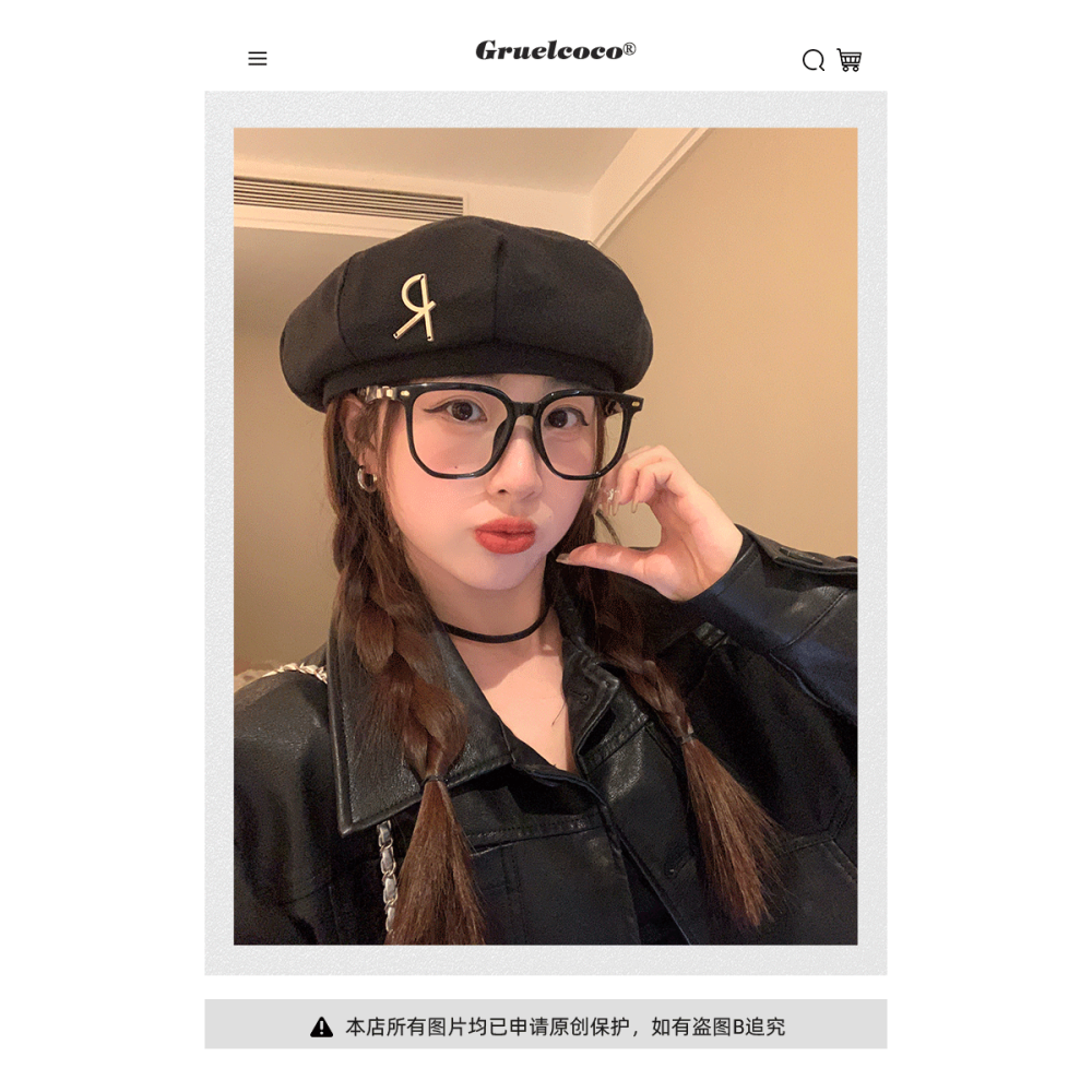 R字母金屬標貝雷帽女春季新款復古網紅休閑百搭日系顯臉小畫家帽-細節圖9