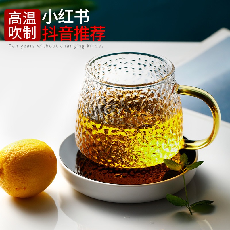 錘紋玻璃杯帶把手家用待客泡茶杯子耐高溫水杯套裝日式早餐咖啡杯-細節圖4