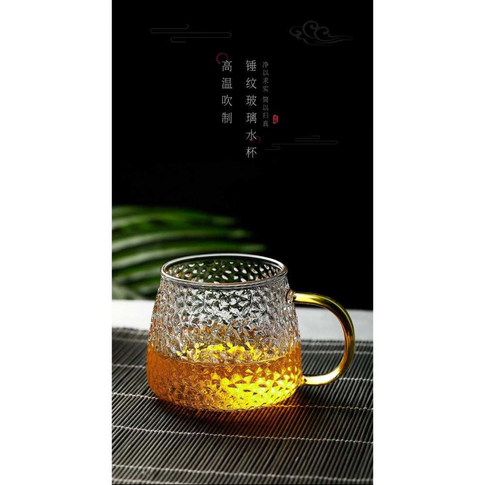錘紋玻璃杯帶把手家用待客泡茶杯子耐高溫水杯套裝日式早餐咖啡杯-細節圖6