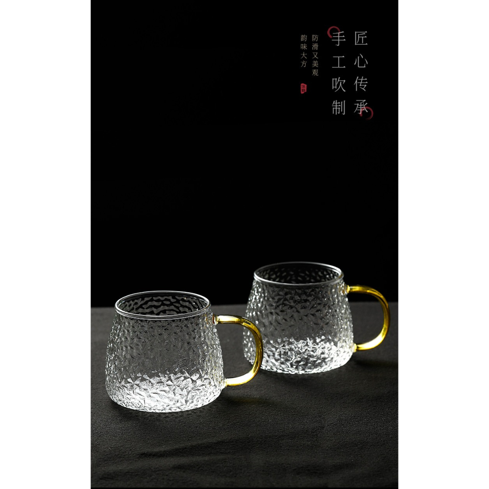 錘紋玻璃杯帶把手家用待客泡茶杯子耐高溫水杯套裝日式早餐咖啡杯-細節圖9