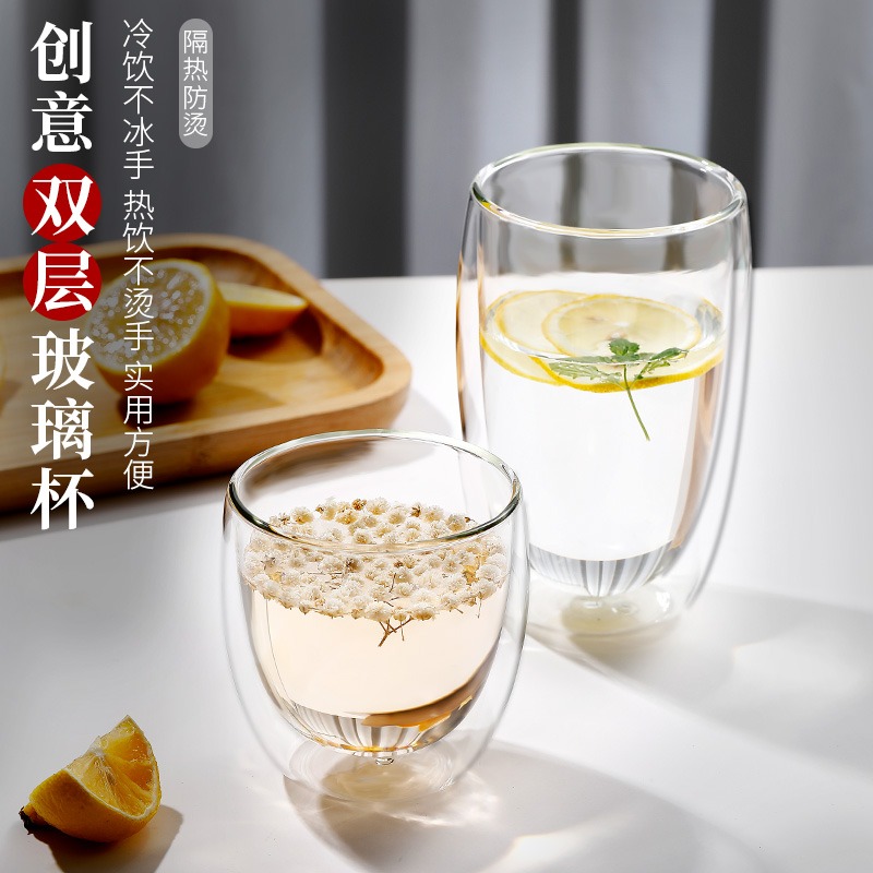 雙層耐熱玻璃杯咖啡杯家用隔熱水杯牛奶杯帶蓋茶杯個人專用果汁杯-細節圖2