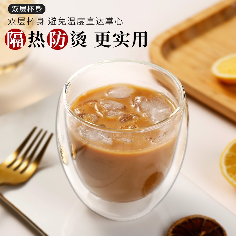 雙層耐熱玻璃杯咖啡杯家用隔熱水杯牛奶杯帶蓋茶杯個人專用果汁杯-細節圖3