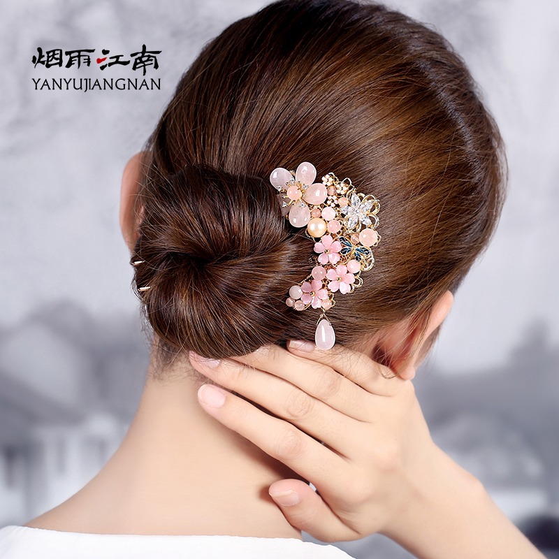 煙雨江南古風漢服發釵盤發網紅發簪女仙美水晶珍珠發飾氣質頭飾-細節圖2
