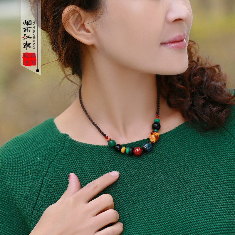 煙雨江南項鏈女鎖骨鏈復古民族風文藝短款頸鏈陶瓷裝飾品簡約配飾-細節圖4