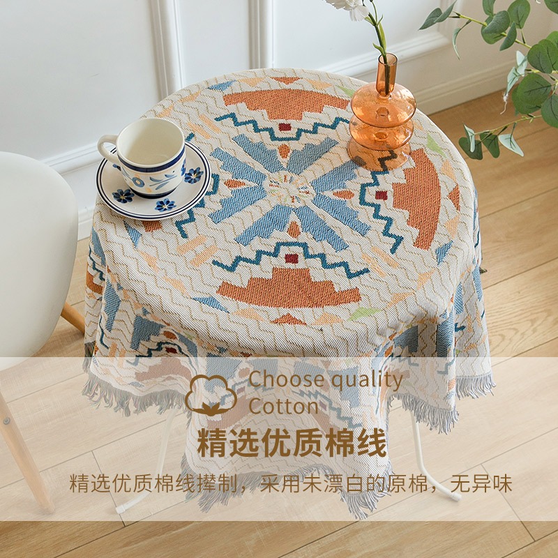中國風民族幾何棉麻莫蘭迪色蕾絲桌布茶幾布高級感圓桌布餐桌布-細節圖3