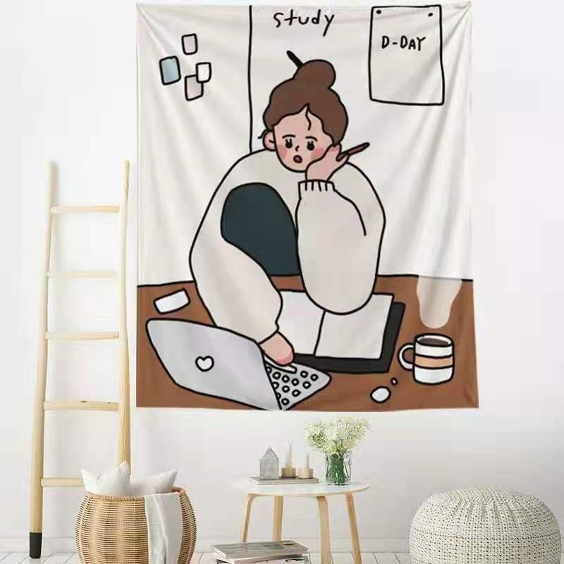 可愛少女背景布ins掛布手繪北歐風插畫墻布宿舍出租房改造裝飾布-細節圖3