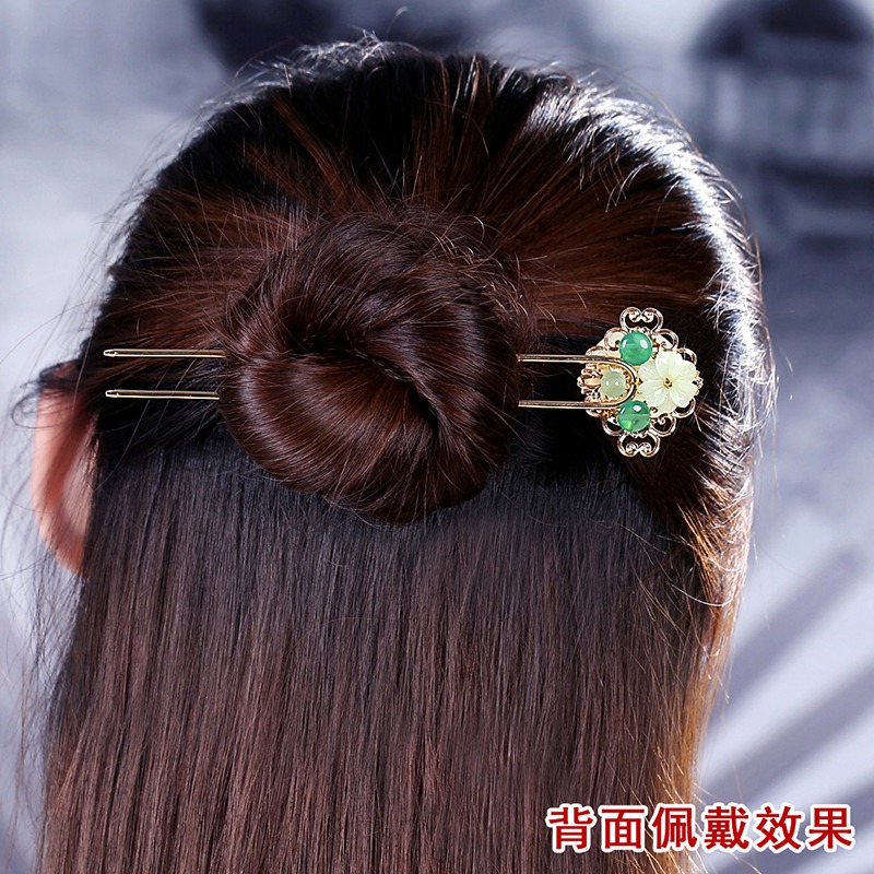 古風盤發頭飾岫玉墜U型發簪女雙面發釵個性古典發飾復古漢服發插-細節圖4