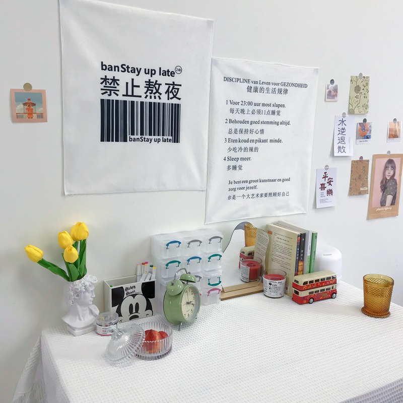 ins風簡約趣味文字背景布 健康規律小掛布小清新宿舍臥室裝飾墻布-細節圖2