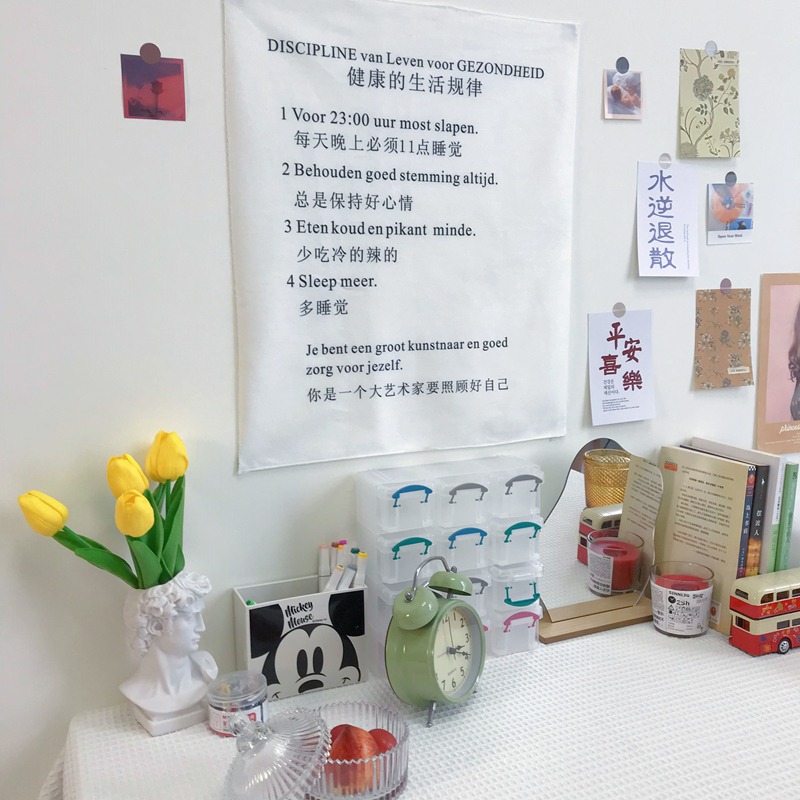 ins風簡約趣味文字背景布 健康規律小掛布小清新宿舍臥室裝飾墻布-細節圖3