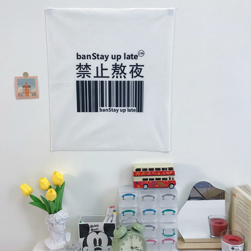 ins風簡約趣味文字背景布 健康規律小掛布小清新宿舍臥室裝飾墻布-細節圖4